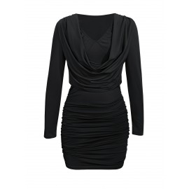 Spring, Summer And Autumn Women's Sexy Dress, V-neck, Solid Color, Tight, Hip-hugging, Ruffled Design, Short Style, Sexy Hip-hugging One-piece Mini Dress