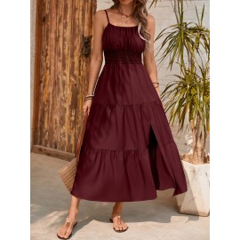 Elegant Mint Green Ruched Spaghetti Strap Maxi Dress for Women - Sleeveless, Cinched Waist, Flowy Vacation Style, Perfect for Spring/Summer, Spaghetti Suspender Dress