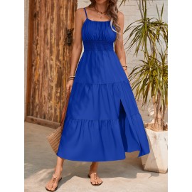 Elegant Mint Green Ruched Spaghetti Strap Maxi Dress for Women - Sleeveless, Cinched Waist, Flowy Vacation Style, Perfect for Spring/Summer, Spaghetti Suspender Dress