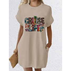 Women's Tropical Vacation Dress - Dark Grey T-Shirt Dress with Cruise Life Graphic, Short Sleeve Beach Outfit, Machine Washable Casual Summer Dress for Women, Beach Dress, Spring Fashion, Relaxed Fit, Comfortable Fabric, Travel Essentials, Holiday Outfit, Lightweight Material, Women's Fashion