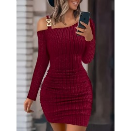 Women's Elegant Off-Shoulder Bodycon Dress - High Elasticity Stretch Fabric, Mid-Length Long Sleeve, Deep Red Solid Color, Machine Washable for Fall/Winter