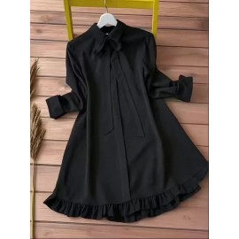 Women's Elegant Black -Line Dress with Collar & Ruffled Short Sleeves - Fitted Waist Short Length (bove Knee) Long Dress, Machine Washable -Season Formal/Casual Wear, Bow Tie Closure - Tailored for Weddings & Office ttire, Black Dresses For Women, Long Sleeve Dresses For Women, Dresses For Women Elegant Classy, Black Dresses For Women Elegant Classy, Fall Dresses For Women, High Neck Dress For Women, Blouse For Women, Party Dresses For Women, Dresses For Women Winter, Dresses
