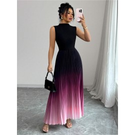 Women'S Elegant Gradient Ombre Sleeveless Maxi Dress - High Neck A-Line Silhouette with Puff Sleeve Accent, Vibrant Purple-Pink-Purple Print, Lightweight Summer Formal & Semi-Formal Evening Gown for Beach Parties, Weddings