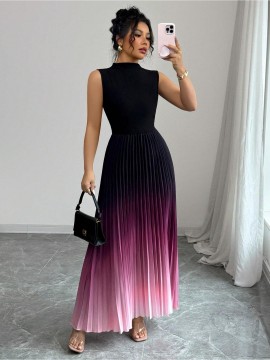 Women'S Elegant Gradient Ombre Sleeveless Maxi Dress - High Neck A-Line Silhouette with Puff Sleeve Accent, Vibrant Purple-Pink-Purple Print, Lightweight Summer Formal & Semi-Formal Evening Gown for Beach Parties, Weddings