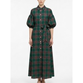 Women'S New Christmas Elements Green Red Plaid Long Casual Fashion Shirt Dress | Three Quarter Length Sleeve, V-neck, Vintage Style, All-season Wear