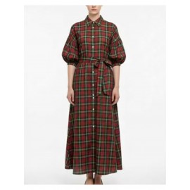 Women'S New Christmas Elements Green Red Plaid Long Casual Fashion Shirt Dress | Three Quarter Length Sleeve, V-neck, Vintage Style, All-season Wear