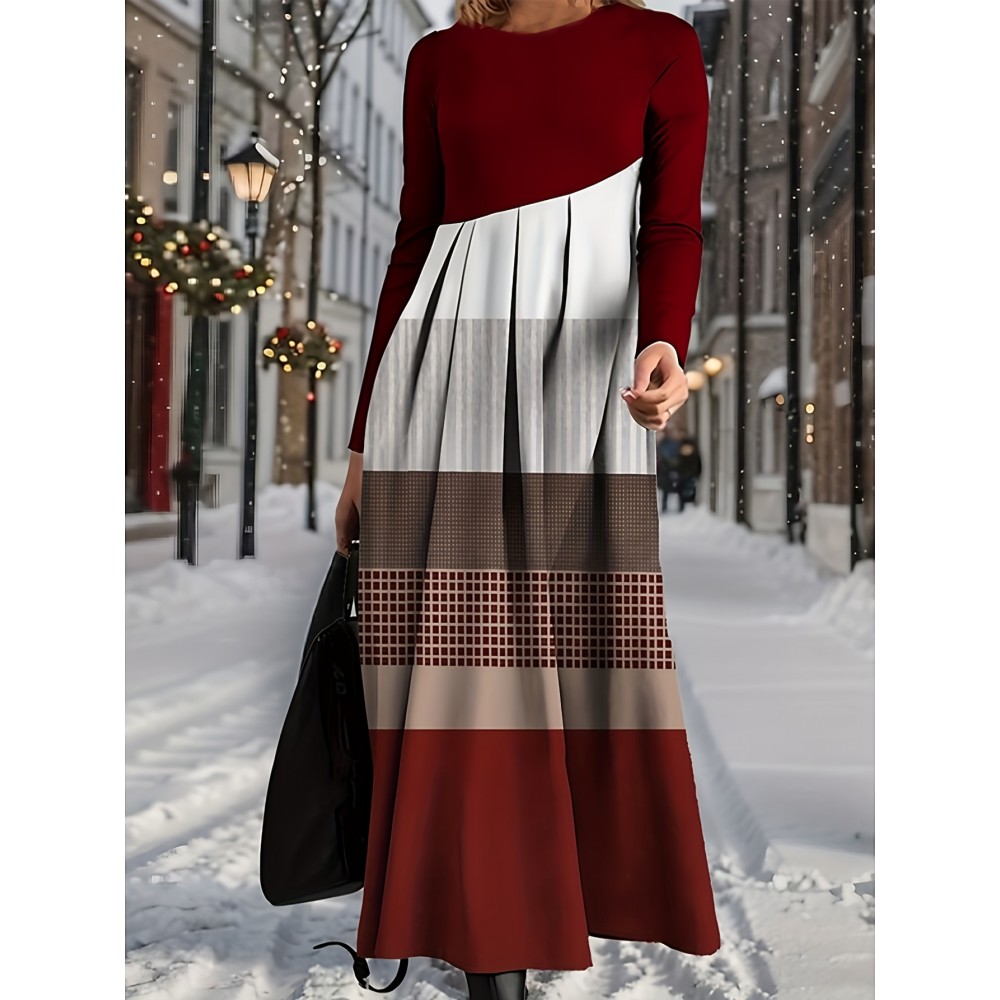 Women's Red Retro Geometric Stripe Patchwork Dress - Long Sleeve Round Neck High Waisted Winter Dress with Red/neutral tones, Machine Washable Party Wedding New Year's Eve Gala Attire
