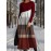 Women's Red Retro Geometric Stripe Patchwork Dress - Long Sleeve Round Neck High Waisted Winter Dress with Red/neutral tones, Machine Washable Party Wedding New Year's Eve Gala Attire