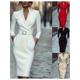 Women's French Style Elegant Professional Dress with Belt - Long Sleeve Slim-Fit Pencil, Waist Accent for Office, Weddings & Parties - Machine Washable All-Season Formal Attire