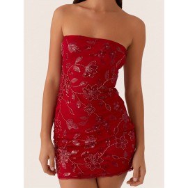 Women's Sexy Red Beaded Floral Off-Shoulder Bodycon Mini Dress - Sparkly Sequin Sleeveless Open Back Tube Top, Summer Party & Night Out Dress, Machine Washable