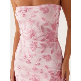 Women's Sexy Red Beaded Floral Off-Shoulder Bodycon Mini Dress - Sparkly Sequin Sleeveless Open Back Tube Top, Summer Party & Night Out Dress, Machine Washable