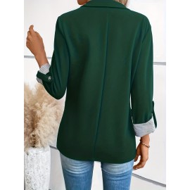 Women's Elegant Solid Black/White Lapel Blazer Jacket - Structured X-Line Single-Button Closure Work Suit Coat with Fake Pockets, Machine Washable Professional Office & Commuter Attire, Year-Round Tailored Outerwear