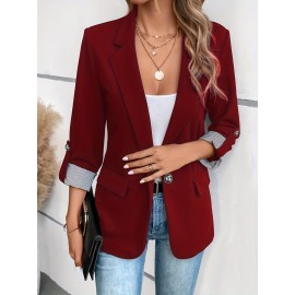 Women's Elegant Solid Black/White Lapel Blazer Jacket - Structured X-Line Single-Button Closure Work Suit Coat with Fake Pockets, Machine Washable Professional Office & Commuter Attire, Year-Round Tailored Outerwear