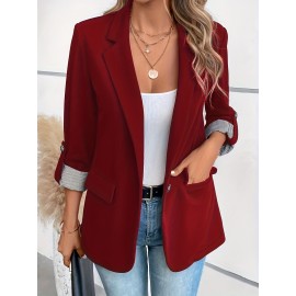 Women's Elegant Solid Black/White Lapel Blazer Jacket - Structured X-Line Single-Button Closure Work Suit Coat with Fake Pockets, Machine Washable Professional Office & Commuter Attire, Year-Round Tailored Outerwear