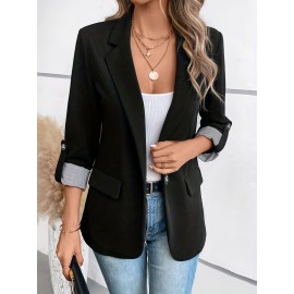Women's Elegant Solid Black/White Lapel Blazer Jacket - Structured X-Line Single-Button Closure Work Suit Coat with Fake Pockets, Machine Washable Professional Office & Commuter Attire, Year-Round Tailored Outerwear