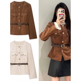 Women'S Belted Blazer | Round Neck Long Sleeve Jacket for Fall Office Wear, Chic, Single Breasted, Regular Fit