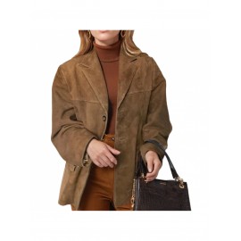 Women's Elegant Retro Brown Winter Blazer Jacket - Oversized Collar & Button Front, Single-Breasted Closure, Long Sleeve Coat for Fall/Winter, Casual & Professional Wear (Size Chart Recommended)