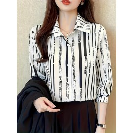 Women'S Casual Striped Long Sleeve Shirt - And Vertical Stripes, Lightweight, Classic Collar Design, Versatile for Spring/Summer/Fall