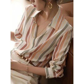 Women'S Casual Striped Long Sleeve Shirt - And Vertical Stripes, Lightweight, Classic Collar Design, Versatile for Spring/Summer/Fall