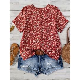 Women'S Red & White Floral Print V-Neck Short Sleeve Blouse - Lightweight Summer Shirt with Relaxed Fit, Machine Washable Nontransparent Fabric, Elegant Casual Top for Beach Outfits, Casual Attire & Semi-Formal Events, Breathable V-Neck Design with