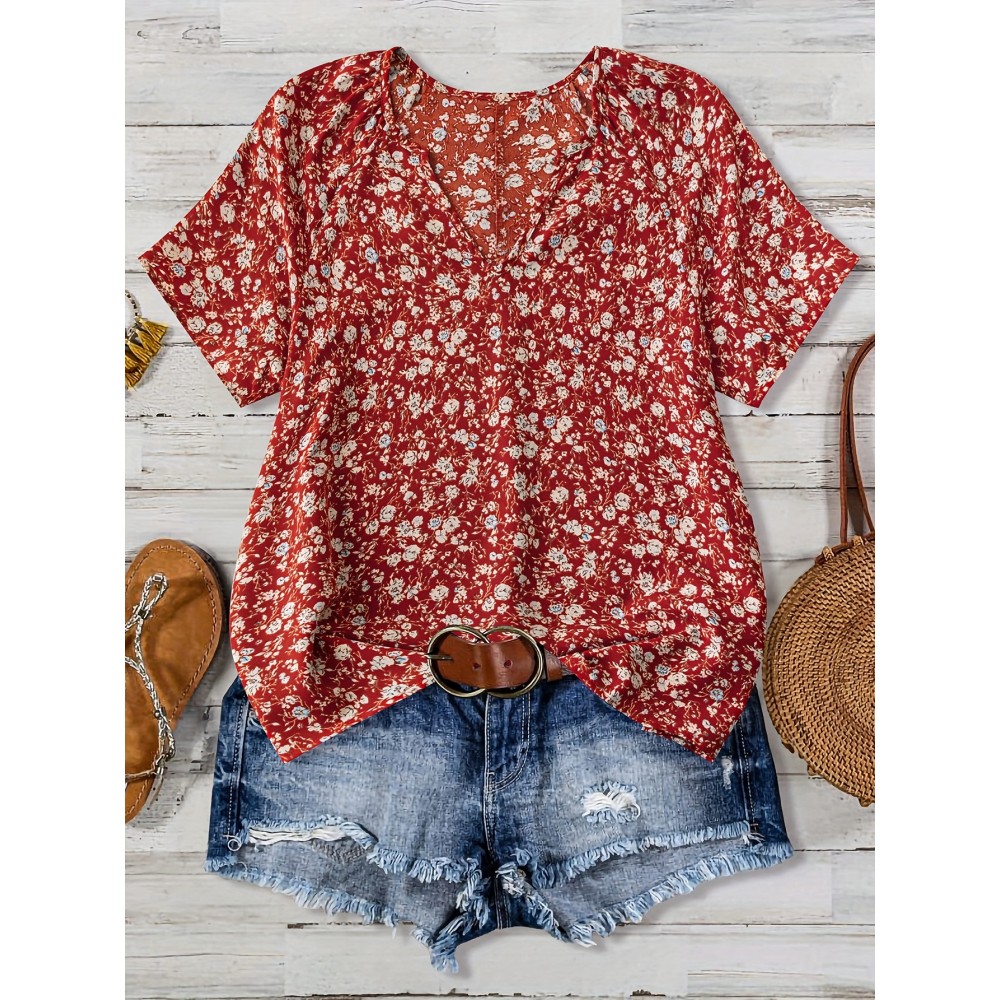 Women'S Red & White Floral Print V-Neck Short Sleeve Blouse - Lightweight Summer Shirt with Relaxed Fit, Machine Washable Nontransparent Fabric, Elegant Casual Top for Beach Outfits, Casual Attire & Semi-Formal Events, Breathable V-Neck Design with