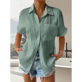Women Short Sleeve Textured Shirts Solid Color Turn Collar Button Blouses Summer Loose Tops