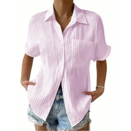Women Short Sleeve Textured Shirts Solid Color Turn Collar Button Blouses Summer Loose Tops