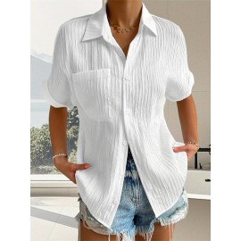 Women Short Sleeve Textured Shirts Solid Color Turn Collar Button Blouses Summer Loose Tops