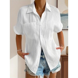 Women Short Sleeve Textured Shirts Solid Color Turn Collar Button Blouses Summer Loose Tops