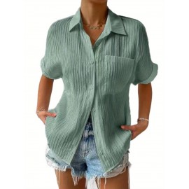 Women Short Sleeve Textured Shirts Solid Color Turn Collar Button Blouses Summer Loose Tops