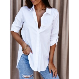 Women's Long Sleeve V-Neck Button Front Blouse - Solid Color Elegant Minimalist Shirt, Button- Collar Top for Office, Casual & Smart-Casual Wear, Spring/Autumn Daily Outfits (Hand Wash/Dry Clean) - Versatile Neutral Attire