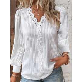 Fall Long Sleeve V-Neck Ruffled Panel Blouse for Women | Feminine Casual, Elegant Style, Solid Color, Suitable for Spring/Fall
