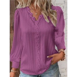 Fall Long Sleeve V-Neck Ruffled Panel Blouse for Women | Feminine Casual, Elegant Style, Solid Color, Suitable for Spring/Fall
