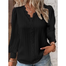 Fall Long Sleeve V-Neck Ruffled Panel Blouse for Women | Feminine Casual, Elegant Style, Solid Color, Suitable for Spring/Fall