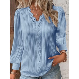 Fall Long Sleeve V-Neck Ruffled Panel Blouse for Women | Feminine Casual, Elegant Style, Solid Color, Suitable for Spring/Fall