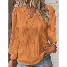 Fall Long Sleeve V-Neck Ruffled Panel Blouse for Women | Feminine Casual, Elegant Style, Solid Color, Suitable for Spring/Fall