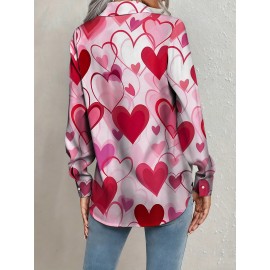 Women's Red Heart Print Lapel Button-Front Shirt Blouse - Valentine's Day Outfit, Spring Summer Casual & Dressy Tops, Machine Washable Resort Style Collar Shirt for Beach Vacations & Romantic Events