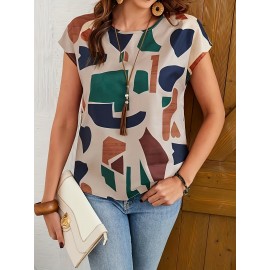 Women's Elegant Geometric Print Short Sleeve Blouse - Breathable Summer Fabric, Regular Fit Round Neck Top for Casual, Office & Casual Attire, Casual Summer Outfit, Smooth Texture Fabric