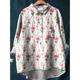 Women's Large Size Elegant Floral Print Blouse - Oversized Loose Fit Long Sleeve Shirt Jacket-like Collar, Lightweight Breathable Non-Sheer Fabric (Pink/Green/White/Grey/Brown) All-Season Office & Casual Wear with Chest Pocket -