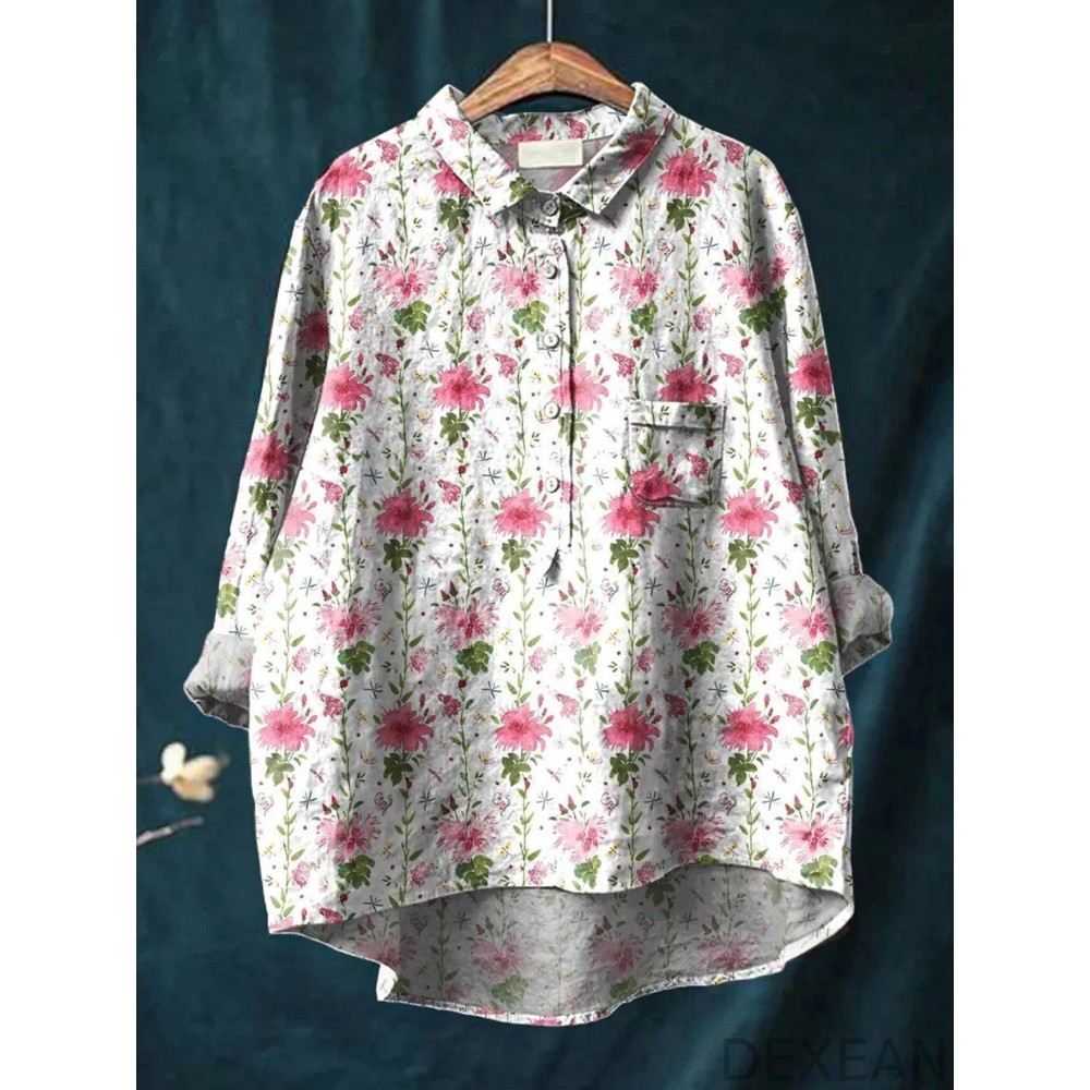 Women's Large Size Elegant Floral Print Blouse - Oversized Loose Fit Long Sleeve Shirt Jacket-like Collar, Lightweight Breathable Non-Sheer Fabric (Pink/Green/White/Grey/Brown) All-Season Office & Casual Wear with Chest Pocket -