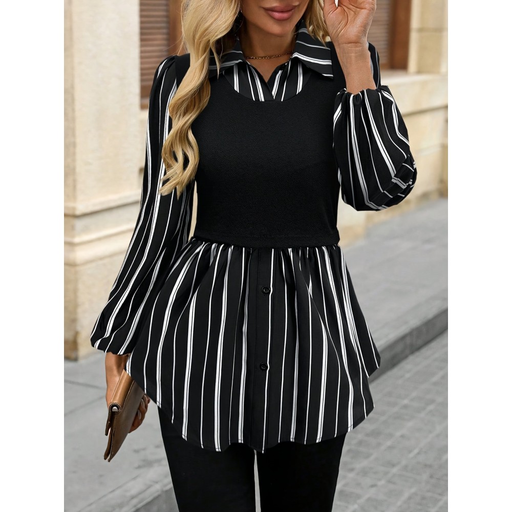 Women's Elegant Black & White Striped Collar Shirt Jacket - Structured Button-Front Blazer, Fall Winter Office & Semi-Formal Wear, Machine Washable Tailored Coat (No Stretch, Striped Patchwork)