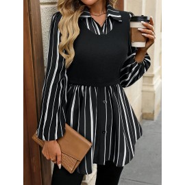 Women's Elegant Black & White Striped Collar Shirt Jacket - Structured Button-Front Blazer, Fall Winter Office & Semi-Formal Wear, Machine Washable Tailored Coat (No Stretch, Striped Patchwork)