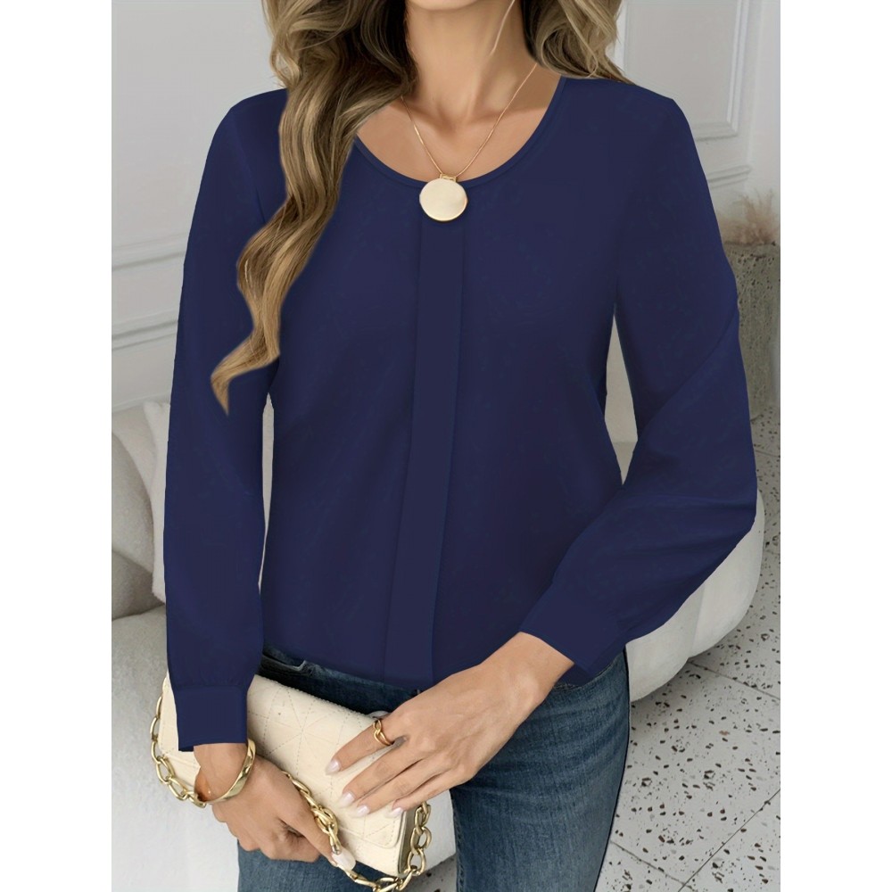 Women'S Elegant Long Sleeve Blouse - Solid Navy Round Neck Loose Fit Shirt with Piping Trim, Structured Collar & Button Front Closure, All-Season Casual to Formal Tops for Office, Semi-Formal & Casual Attire - Versatile Women'S Clothing