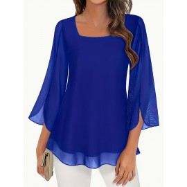 Women's Elegant Royal Blue Blouse - Non-See-Through Chic Chic Office to Party Top, Machine Washable Chiffon Shirt for Women Q293, Summer Wardrobe Essential, Flared Sleeves, Stylish Detailing, Fashionable Top, Trendy Outfit