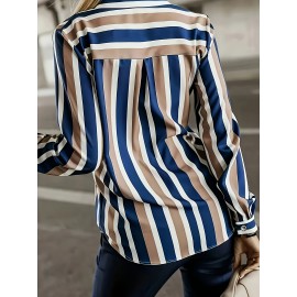Women's Elegant Blue/Beige/Navy Striped Long Sleeve Shirt Jacket - Structured Collar Blazer, Wrinkle-Resistant Machine-Washable Polyester-like Top for, Semi-Formal & Casual Wear, Vertical Striped Tailoring (No Dry Clean)