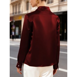 [Solid Color Versatile] Elegant Women's Long Sleeve Blouse - Soft Wrinkle-Resistant, Button-Front, Round Neck & Collar, All-Season Office Shirt