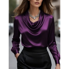 [Solid Color Versatile] Elegant Women's Long Sleeve Blouse - Soft Wrinkle-Resistant, Button-Front, Round Neck & Collar, All-Season Office Shirt