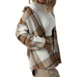 Women'S Button Plaid Print Shirt Jacket Casual Long Sleeve Lapel Loose Coat Going Out Jacket Outwear, Casual Wear, Summer Coat