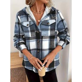 Women's -Lined Plaid Shirt Jacket - Warm Thick Winter Coat with Button Front Closure, Longline Fall Outerwear, Machine Washable Casual Blouse for Christmas & Cold Weather