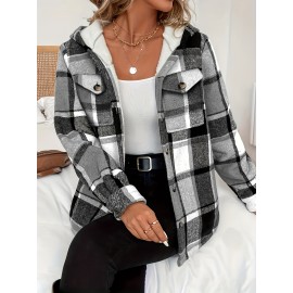 Women's -Lined Plaid Shirt Jacket - Warm Thick Winter Coat with Button Front Closure, Longline Fall Outerwear, Machine Washable Casual Blouse for Christmas & Cold Weather